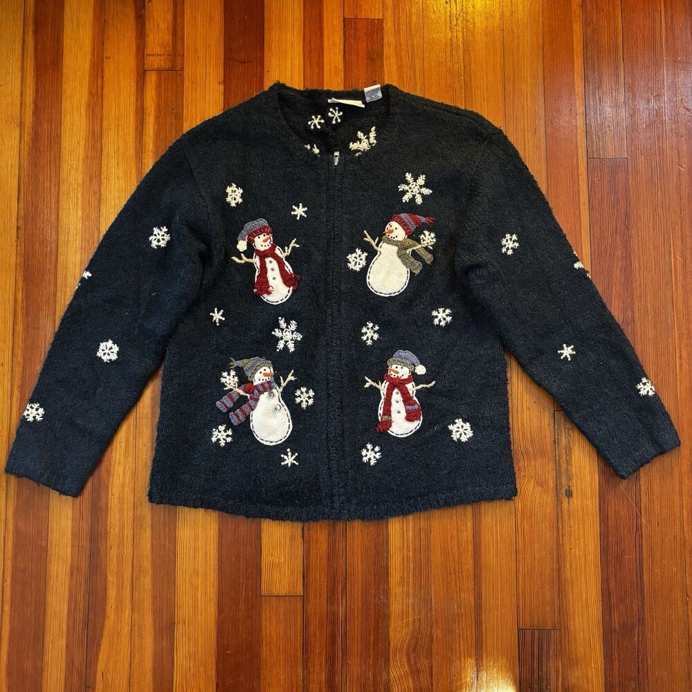 Vintage Croft & Barrow Snowman Zip Cardigan Sweater Size M Christmas Holiday